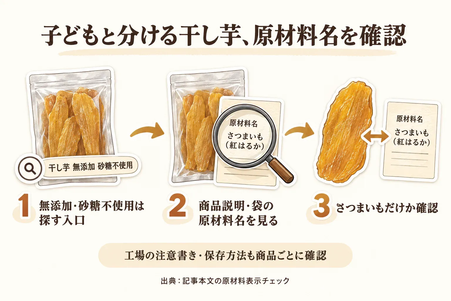 子どもと分ける干し芋の原材料表示を確認する手順の図。無添加・砂糖不使用を探す入口にし、商品説明や袋の原材料名で「さつまいも（紅はるか）」などさつまいもだけかを確認し、工場の注意書きと保存方法も商品ごとに見る。出典：記事本文の原材料表示チェック