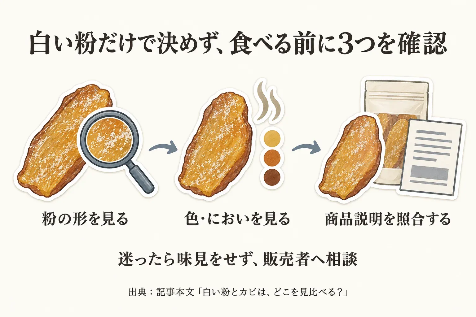 干し芋の白い粉と販売者へ確認したい状態を、形・色・におい・商品説明の4項目で比較した図。白い粉は粉状または粒状で表面に広がり、カビが疑われる状態はふわふわと盛り上がる、青・赤などの色、異臭が目安