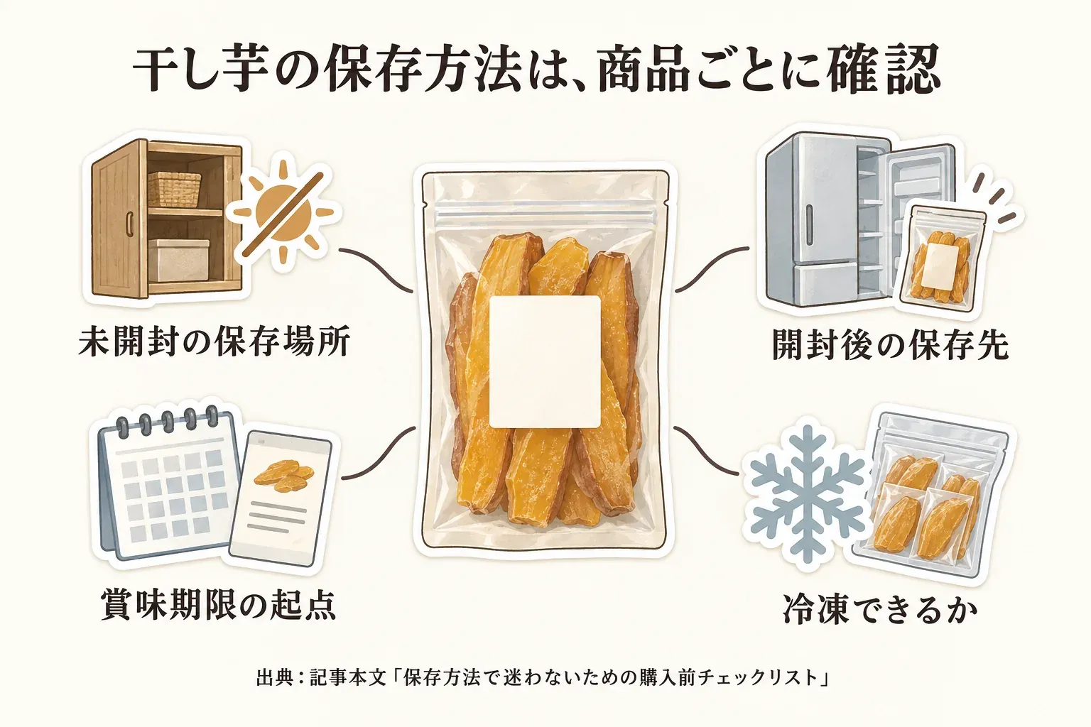 干し芋の販売者による保存案内を確認する順番を示す図。未開封の保存場所、開封後の保存先、賞味期限の起点、冷凍できるかを順に確認し、袋と商品ページの指示を優先する