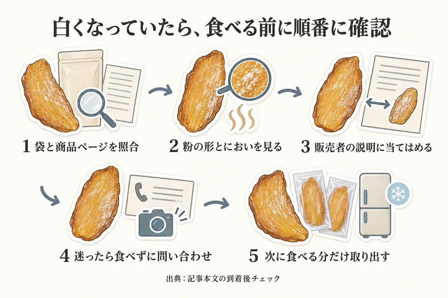 干し芋が到着後に白くなっていたときの確認手順を示す図。袋と商品ページの照合、粉の形とにおいの確認、販売者の説明との照合、迷った場合の問い合わせ、次に食べる分だけを取り出して保存する流れ