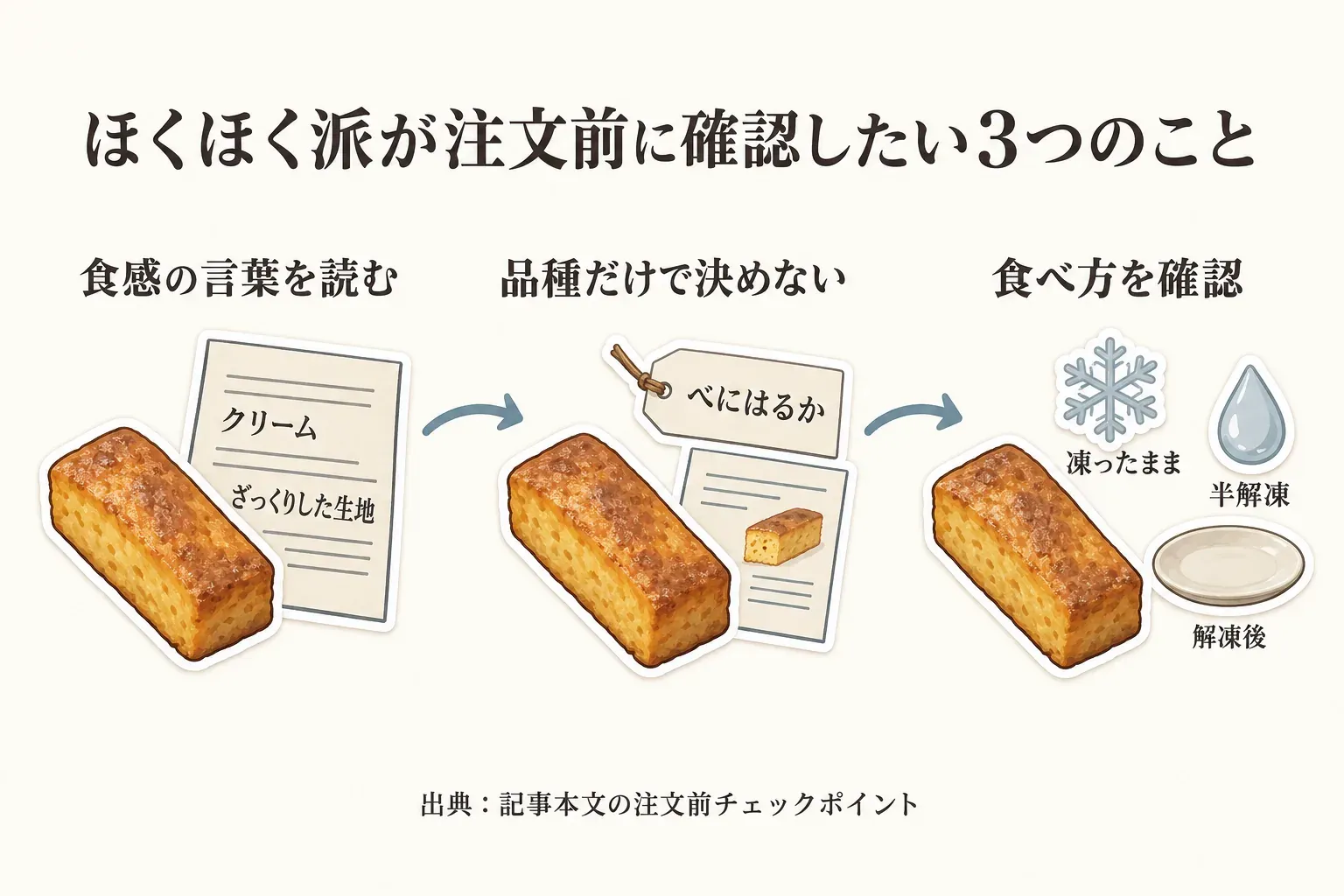 ほくほく派が注文前に確認したい3つのことを示す図。商品説明の食感の言葉を読む、品種だけで決めない、凍ったまま・半解凍・解凍後など食べ方を確認する、の3項目。出典：記事本文の注文前チェックポイント