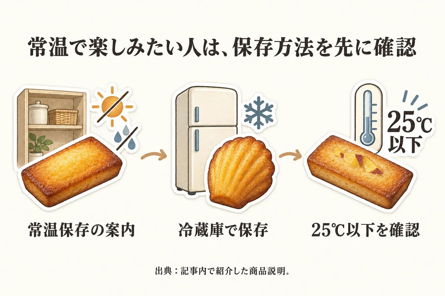さつまいもフィナンシェ・マドレーヌを常温で楽しみたい人向けに、直射日光と高温多湿を避ける常温保存の案内、冷蔵庫で保存する商品、25℃以下を確認する商品の3つの保存条件を示した図。出典：記事内で紹介した商品説明